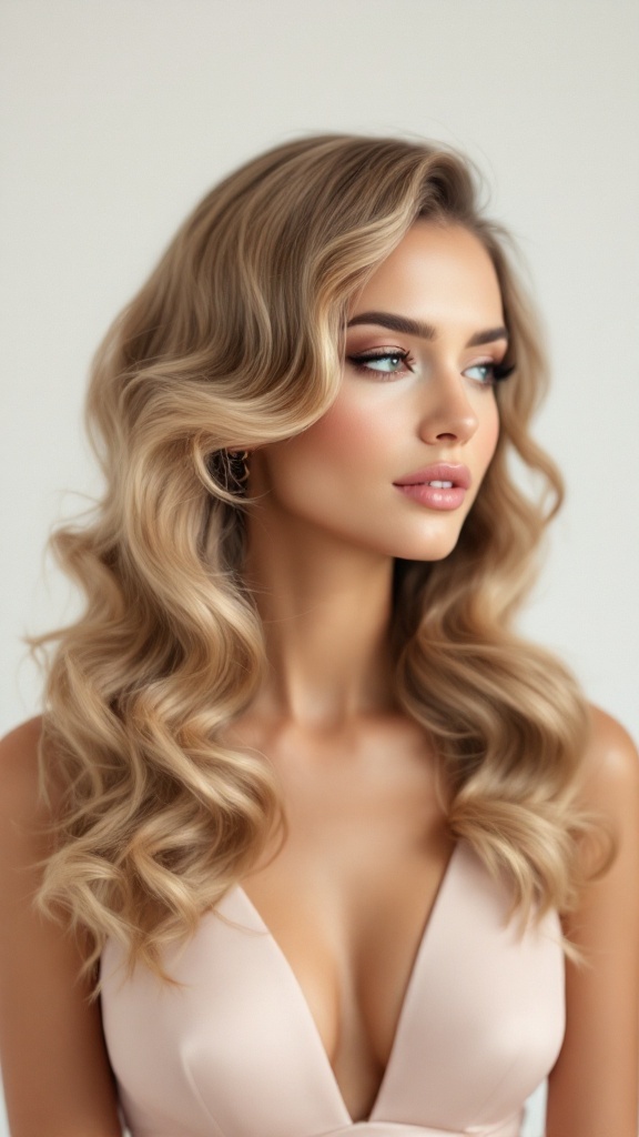 A woman with glamorous Hollywood waves hairstyle, wearing a blush high neck dress.