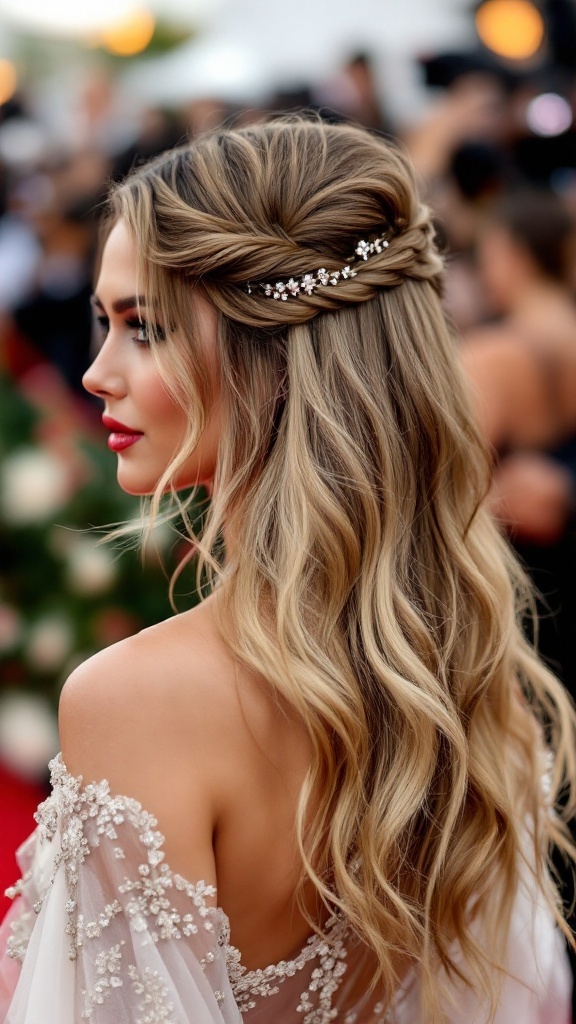 A woman with a side part half up half down hairstyle, featuring a twist and a sparkling hair accessory, looking glamorous on the red carpet.