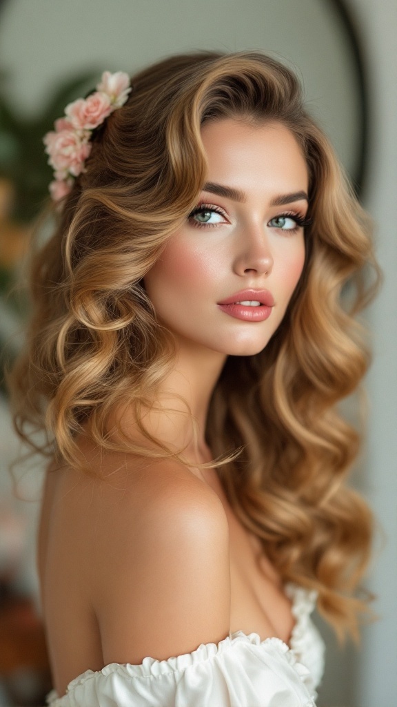 A model with glamorous retro waves styled with a side part and floral hair accessories.