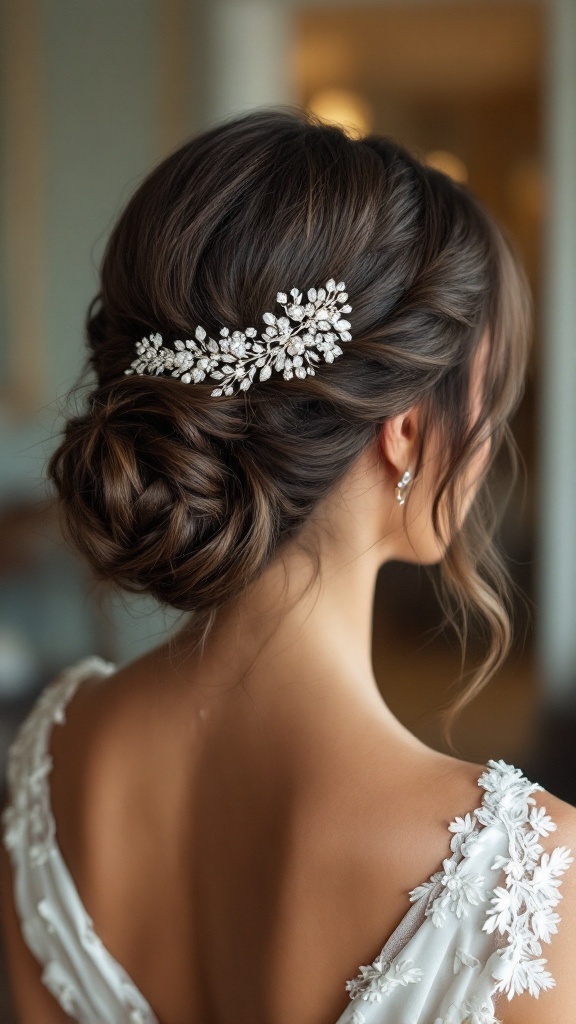 Elegant side part wedding hairstyle featuring soft waves and a sparkling hairpiece.
