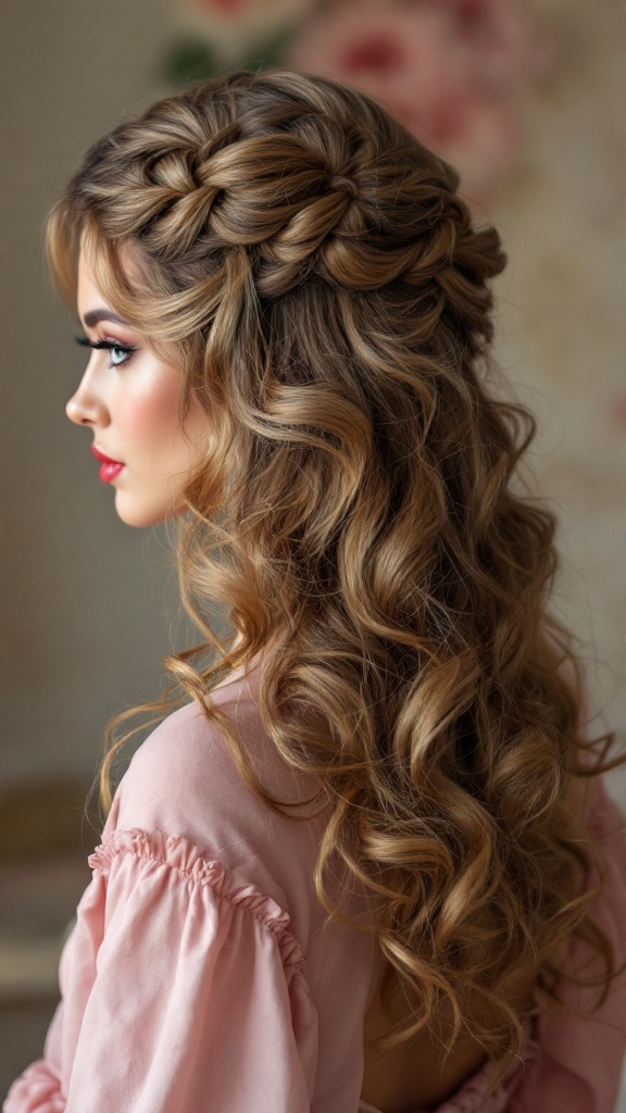 Model with glamorous twisted half up half down hairstyle, showcasing soft curls and twists