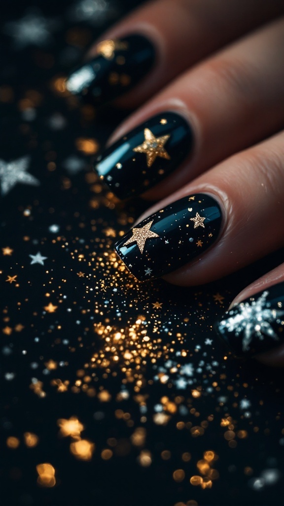 Close-up of black nails with gold and silver star accents and glitter
