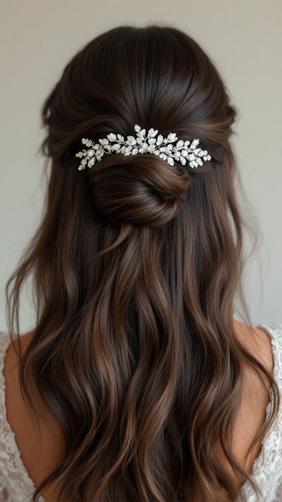 A model with glossy straight hair styled in a half-updo adorned with a sparkly headband.