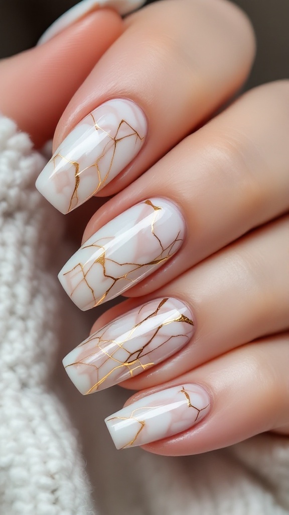 Nails with gold and marble fusion design featuring marbled patterns and gold accents.