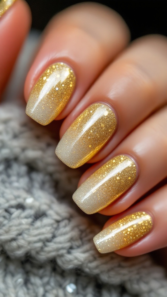 A close-up of gold glitter fade nails with a tapered shape, showcasing a gradient from deep gold to a lighter shade.
