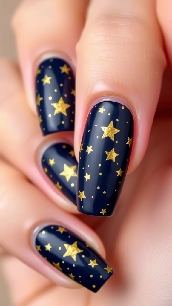 Gold stars on a deep navy background resembling a starry night sky.