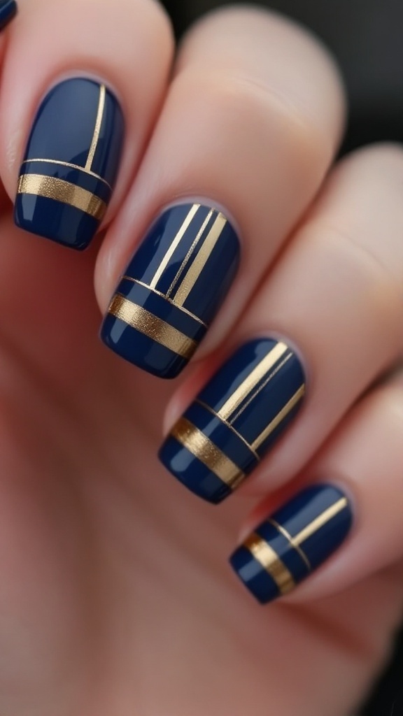 Image of gold striped accent nails with dark blue base color