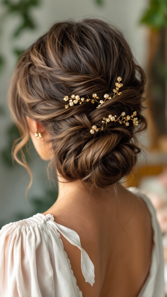 A woman with a Grecian-inspired loose updo featuring gold accents.