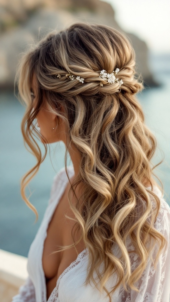 Grecian-inspired loose waves hairstyle for a beach wedding, featuring delicate floral accents.