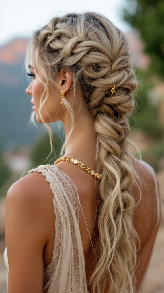 A woman with long hair styled in an elegant Grecian inspired twist, featuring braids and decorative hair accessories.