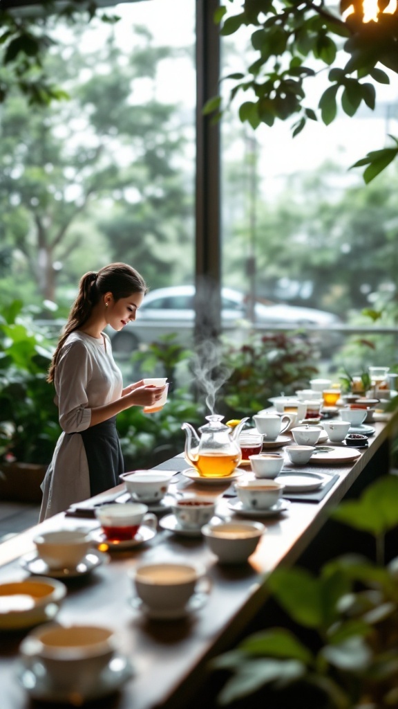 A woman enjoying tea at a beautifully arranged tea tasting table with various tea options.