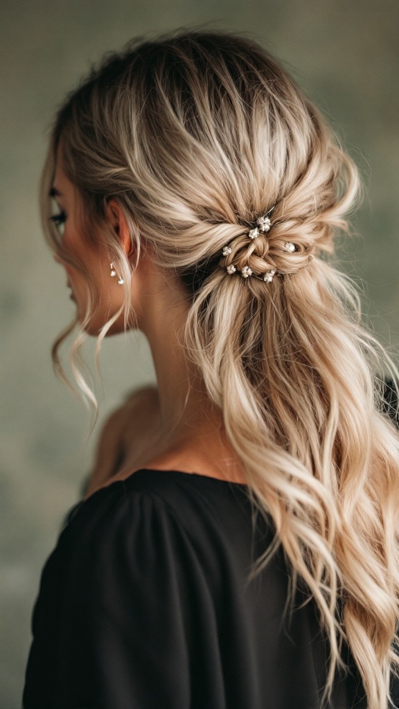 Bridesmaid hairstyle featuring soft waves and a subtle twist at the back, adorned with delicate hair accessories.