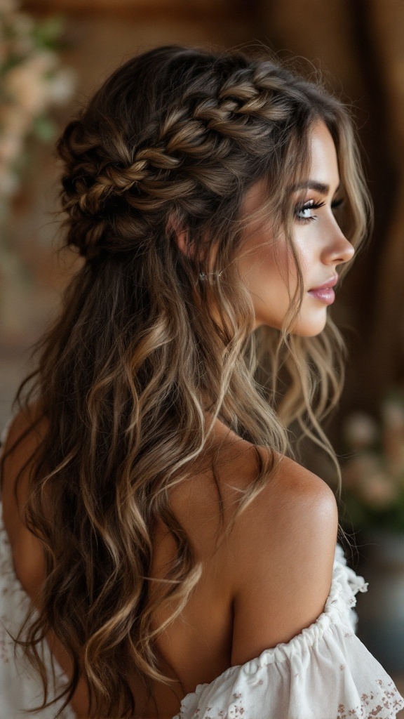 A woman with half-up boho chic hairstyle featuring braids and loose waves.