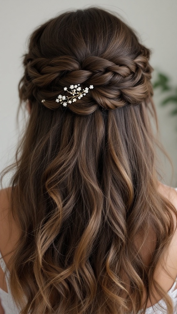 A beautiful half-up braided crown hairstyle with loose waves and white flower accents.