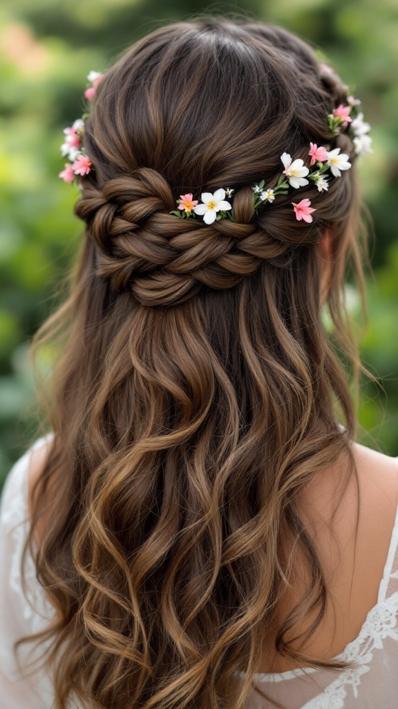 A Half-Up Braided Crown hairstyle with flowers, showcasing medium-length hair.