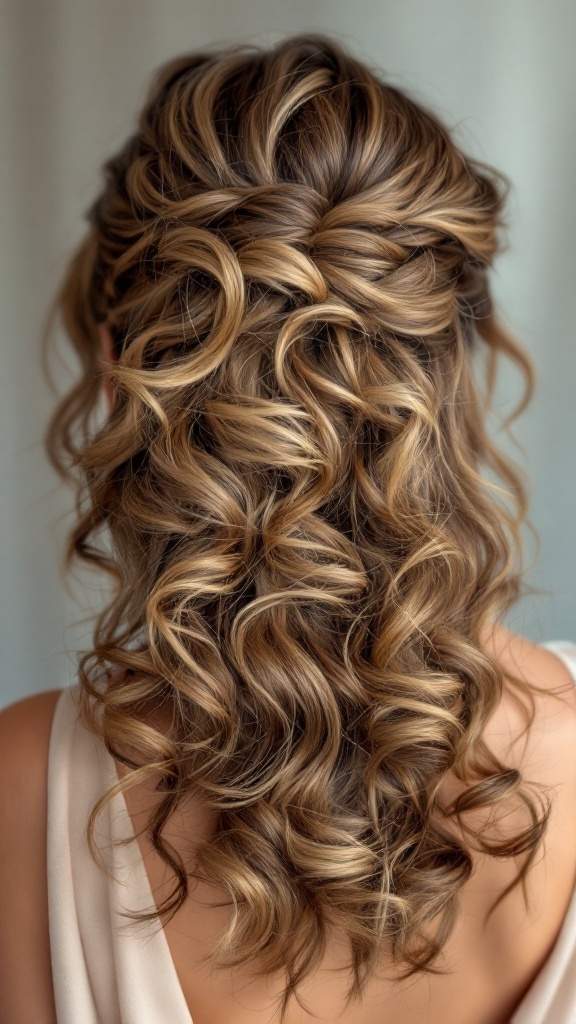 A half-up curly updo hairstyle showcasing beautiful curls.