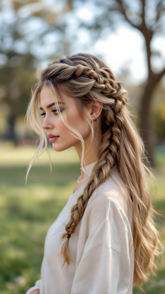 Woman with a half-up Dutch braid hairstyle, showcasing long hair and soft face-framing strands.