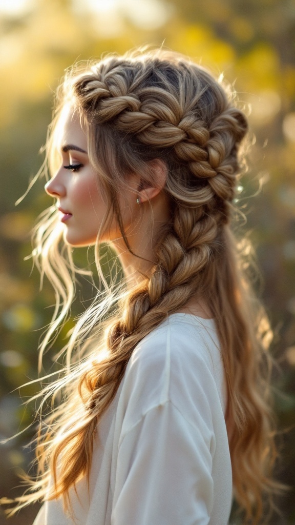 A profile view of a woman with long hair styled in a half-up fishtail braid, surrounded by a natural, outdoor setting.