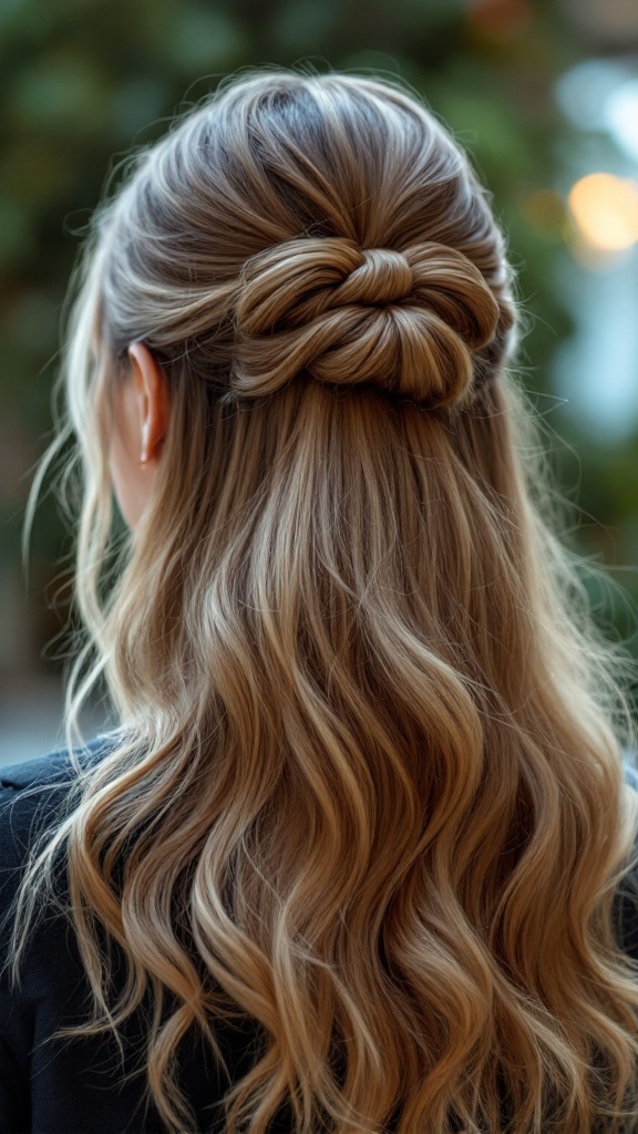 Half-up hairstyle featuring a hair bow with soft, curled lengths