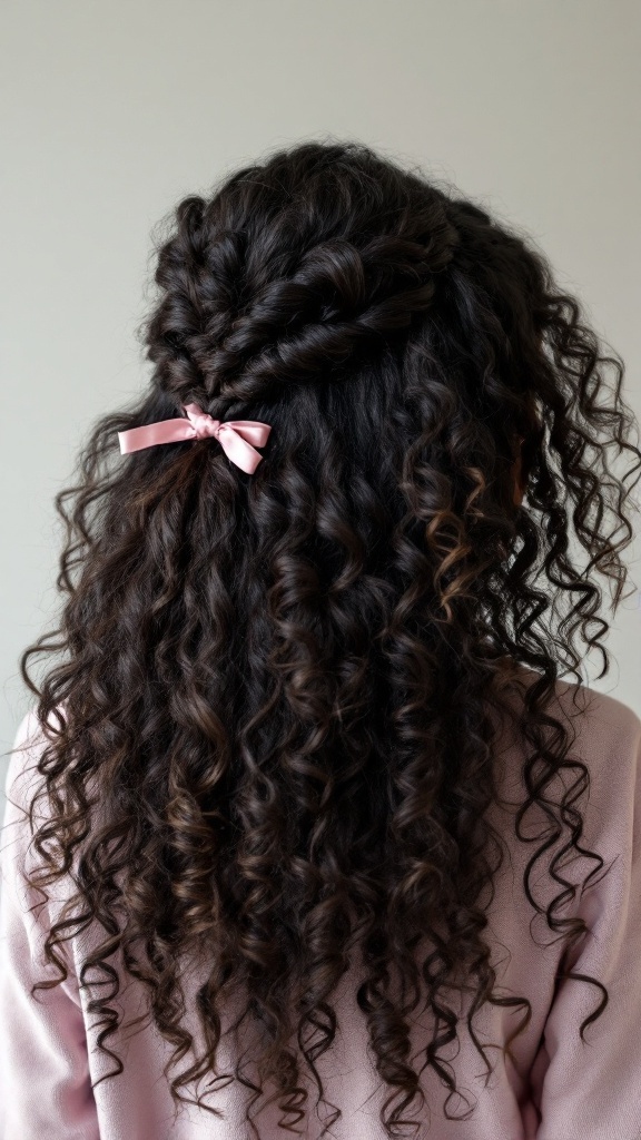 A woman with curly hair styled in a half-up half-down crochet hairstyle, featuring a pink ribbon.