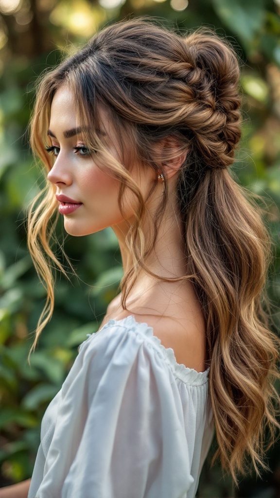 A woman with a braided half-up half-down ponytail, surrounded by greenery.