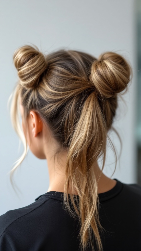 A hairstyle featuring half-up half-down space buns with loose hair.