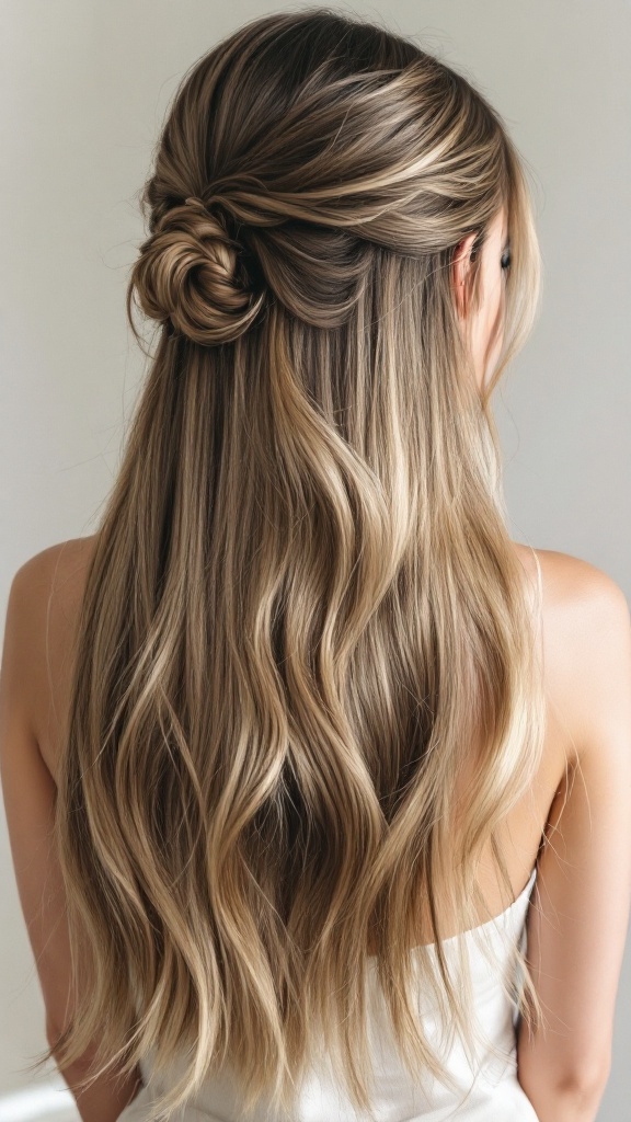 A woman with long hair styled in a half-up half-down look with a twist.