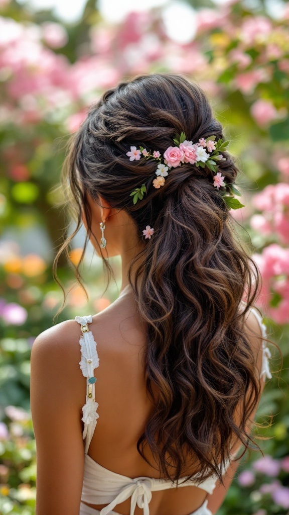 A woman with medium-length hair styled in a half-up, half-down hairstyle, adorned with small pink flowers.