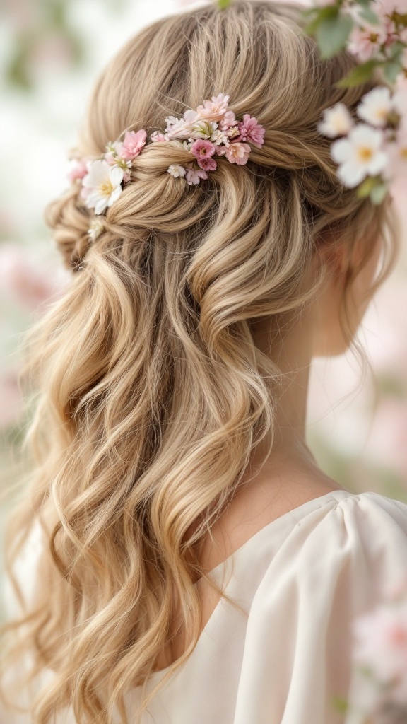 A half-up half-down hairstyle featuring soft waves and floral accessories.