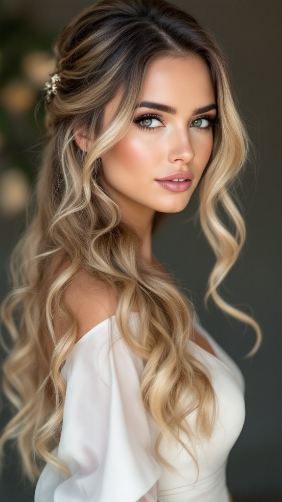 A woman with half-up, half-down hairstyle featuring soft curls and natural makeup, looking elegant and stylish