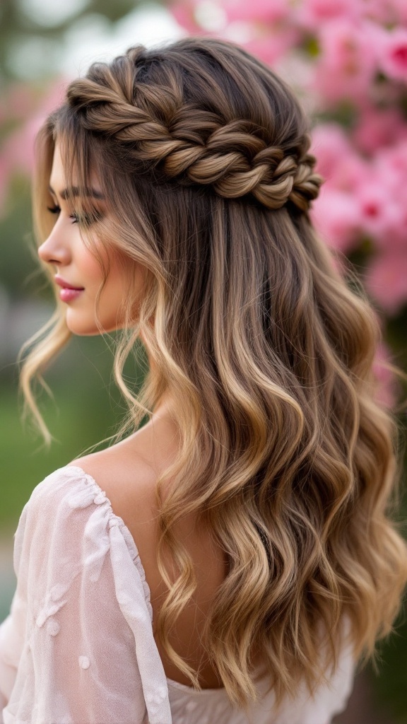 A woman with long, wavy hair styled in a Half-Up Half-Down Twist, adorned with a braided crown, set against blooming flowers.