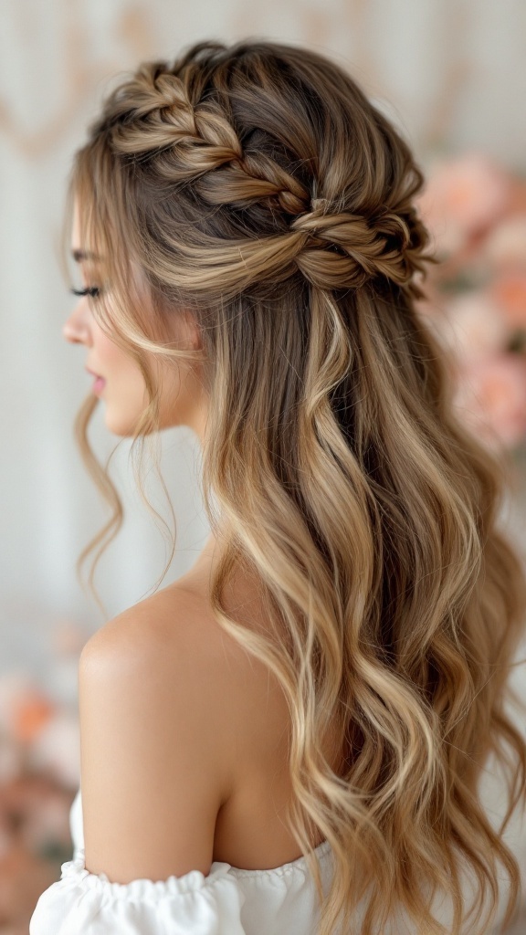 Half-up half-down wavy hairstyle with a braid for bridesmaids.