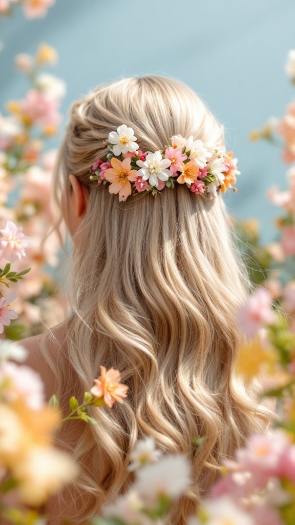 A woman with long hair styled in a half-up half-down fashion, adorned with floral clips, surrounded by flowers.