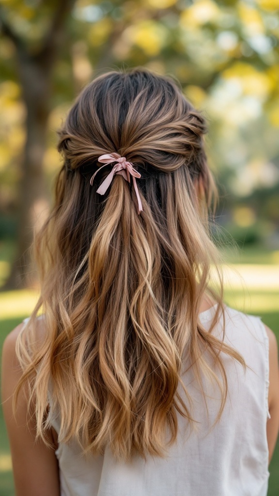 A woman with long hair styled in a half-up half-down look, secured with a pink ribbon.