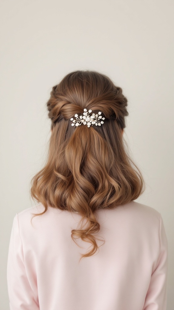 A half-up half-down hairstyle with vintage hairpiece, showcasing soft waves and elegance.