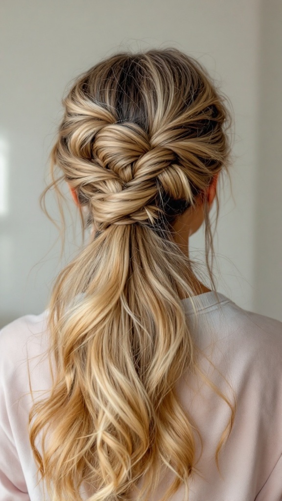A stylish half-up knotted hairstyle featuring soft waves and an intricate knot at the back.