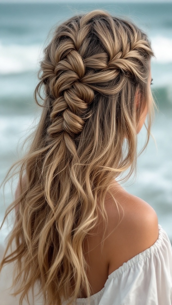 A woman with long, wavy hair styled in a Half-Up Mermaid Twist, against a beach backdrop.