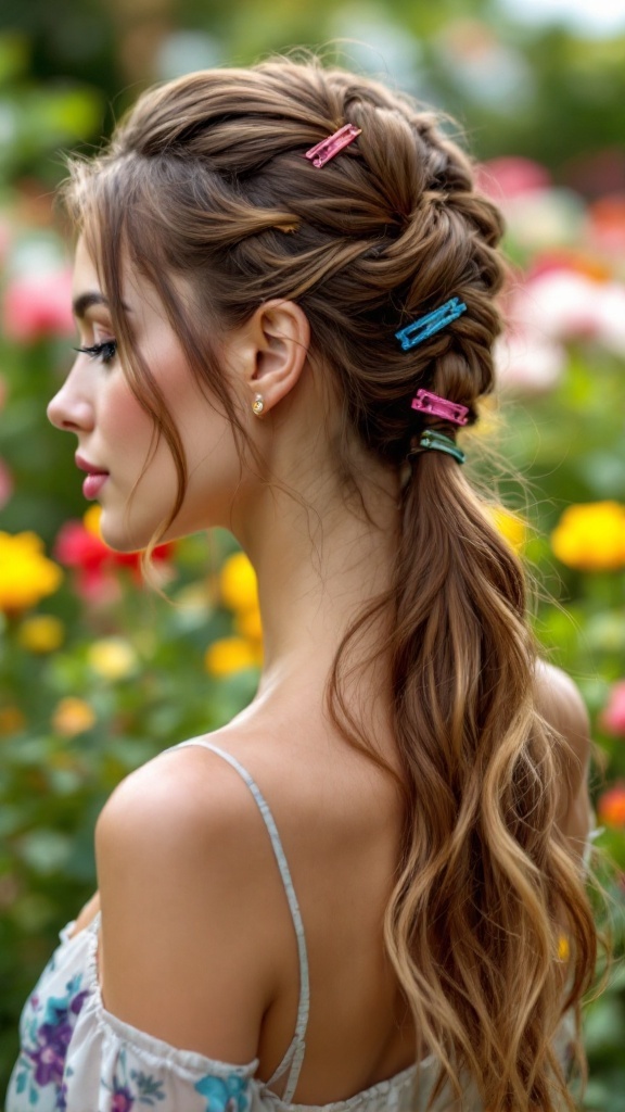 A woman with a half-up ponytail adorned with colorful hair clips in a garden of flowers