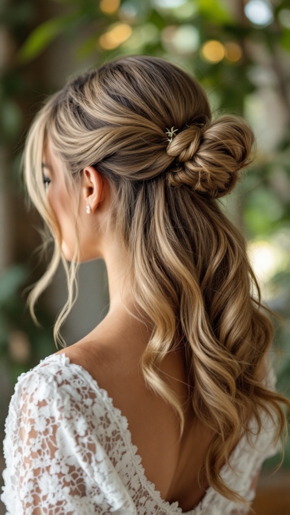A medium-length half-up ponytail with volume, featuring soft curls and a hair accessory.