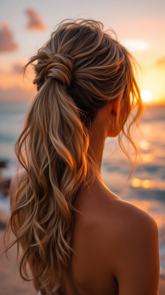 Half-up ponytail with waves at sunset