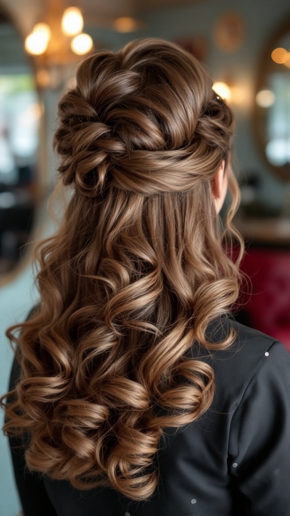 A woman with half-up retro victory rolls hairstyle, featuring soft curls and a natural makeup look.