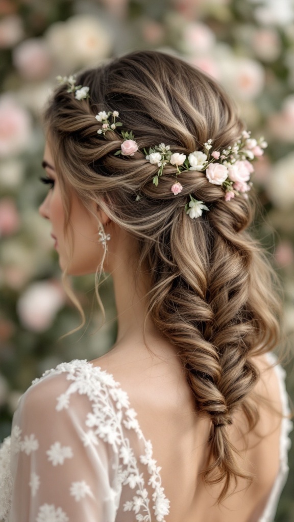 A half-up side braid hairstyle adorned with small flowers, showcasing romantic waves.