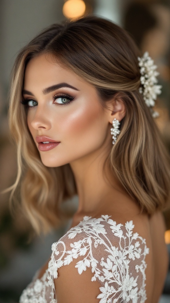 A woman with sleek straight hair styled half-up, adorned with a delicate hair accessory