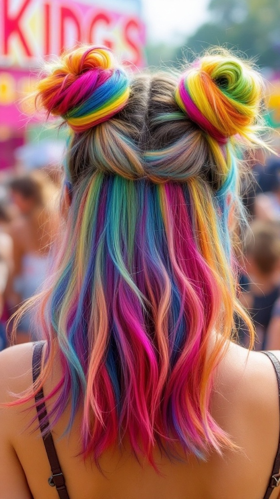 A model with half-up space buns hairstyle, featuring vibrant pink and blue hair, smiling in a colorful outdoor setting.