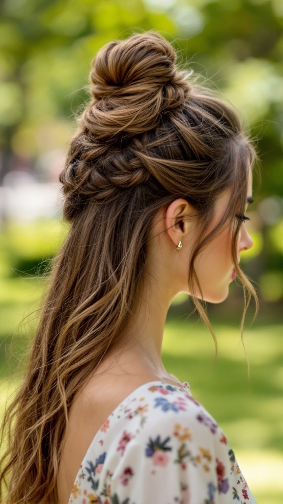 A young woman with a half-up top knot hairstyle, featuring soft waves and a floral dress.