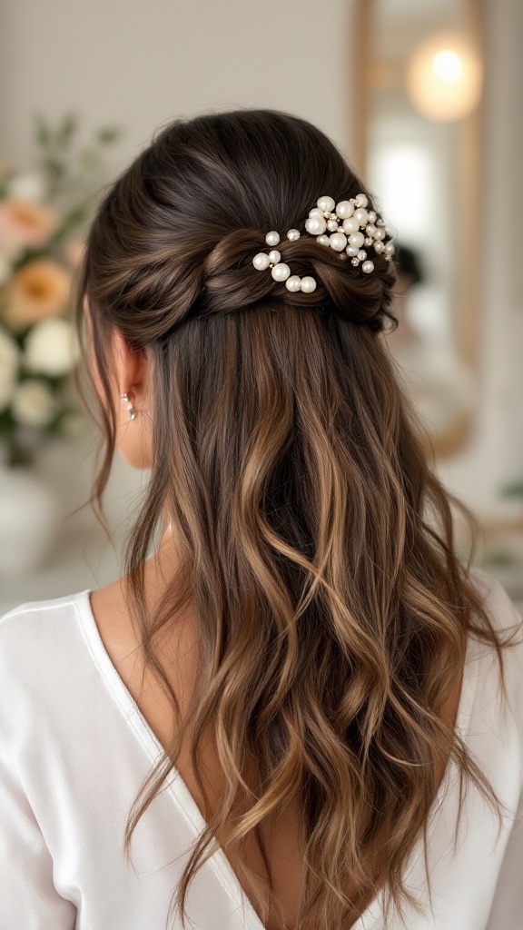 Half-up twist hairstyle adorned with pearls