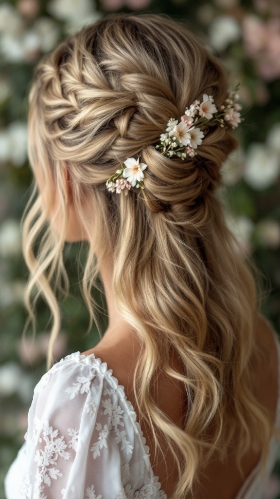A woman with half-up twisted braid hairstyle adorned with small floral accents.