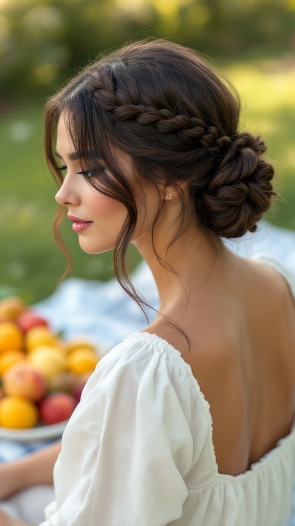 A woman with a half-up twisted bun hairstyle, sitting outdoors with a plate of colorful fruits.