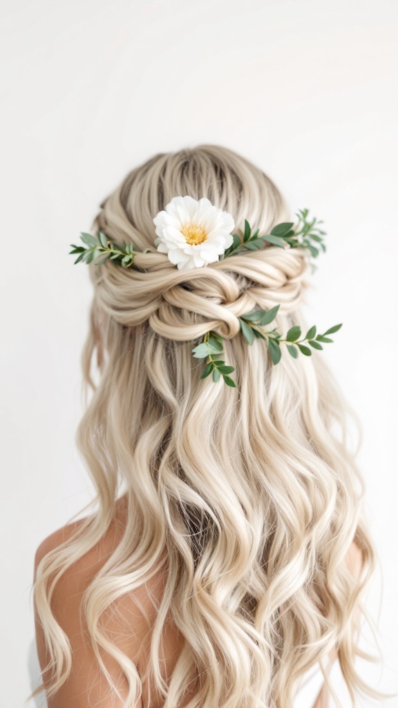 A half-up half-down wedding hairstyle featuring loose curls and greenery, adorned with a white flower.