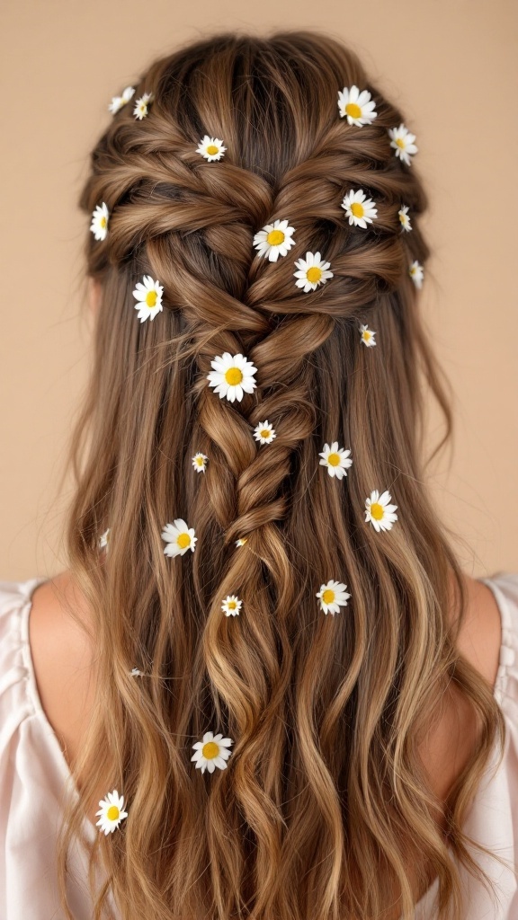 A half-up hairstyle featuring twisted braids adorned with daisies, perfect for a boho wedding.